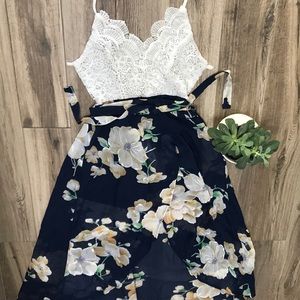 High-Low Lace Top Plunge Neck Back Floral Dress